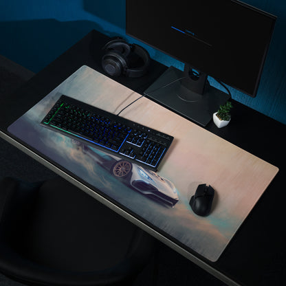 A sleek rectangular Mercedes-AMG ONE inspired silver mist gaming mousepad with a white sports car graphic and stitched edges