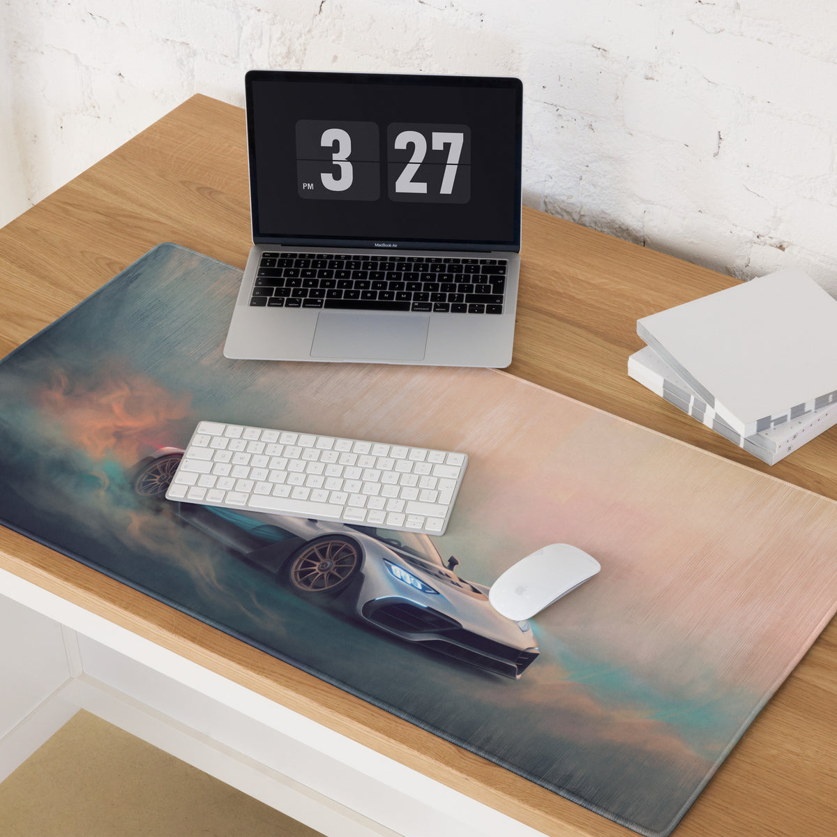 Mercedes-AMG ONE inspired hyper silver mist desk pad featuring a vibrant sports car graphic on a stitched edge gaming mouse mat