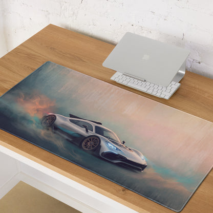 Mercedes-AMG One inspired hyper silver mist desk pad featuring a silver black hypercar graphic on a pastel gradient background