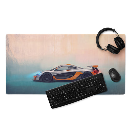 Silver and orange mclaren p1 inspired rectangular track edition desk mat with low friction cloth surface for gaming