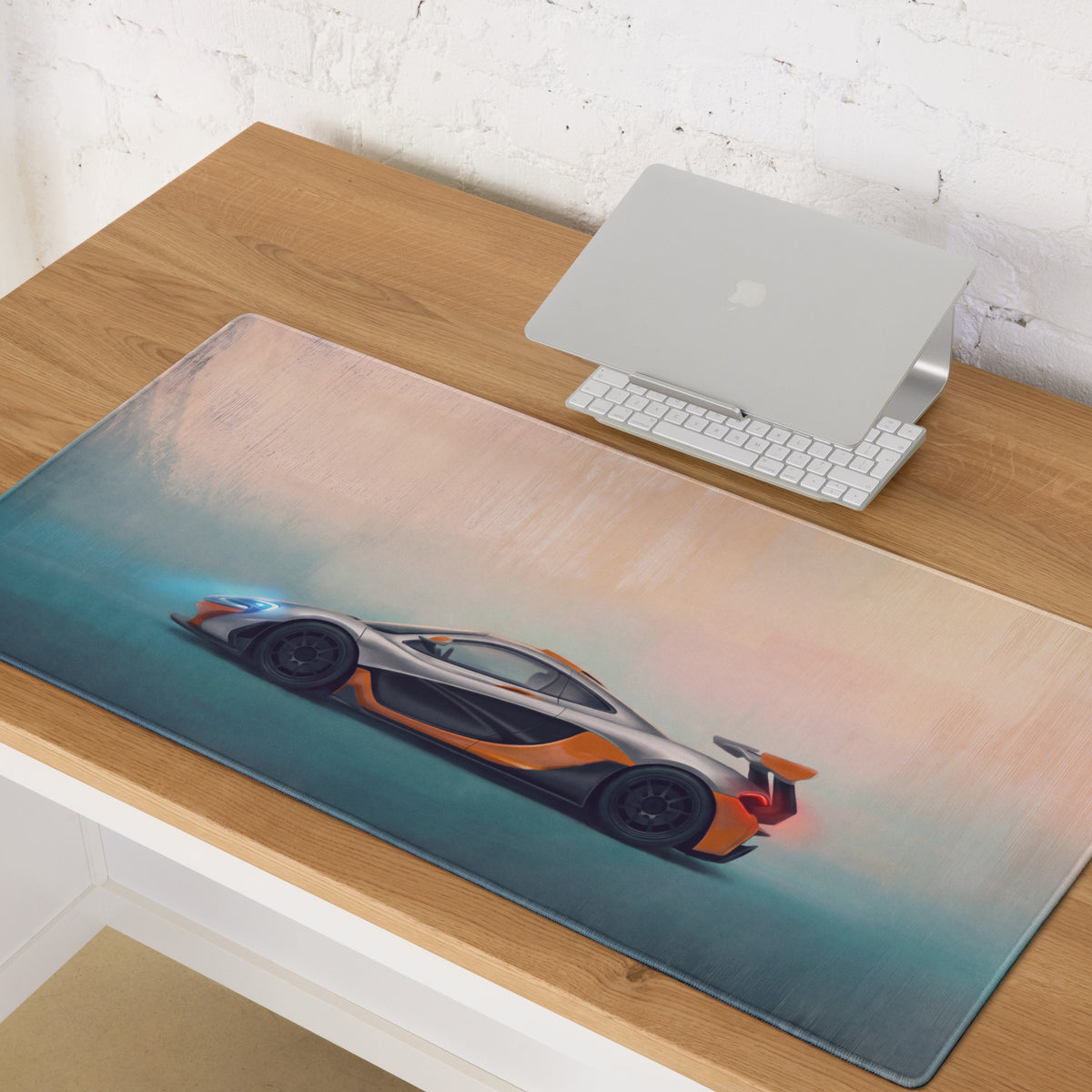 McLaren P1 inspired silver orange track edition low-friction cloth gaming mousepad with vibrant sports car illustration