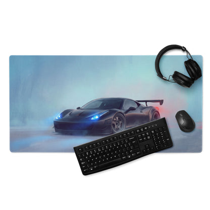 Ferrari 458 inspired stealth matte black extended gaming mousepad with black racing car graphic and blue red neon accents