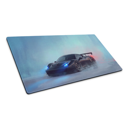 Ferrari 458 inspired stealth matte black extended non-slip gaming mousepad with black sports car graphic and neon accents