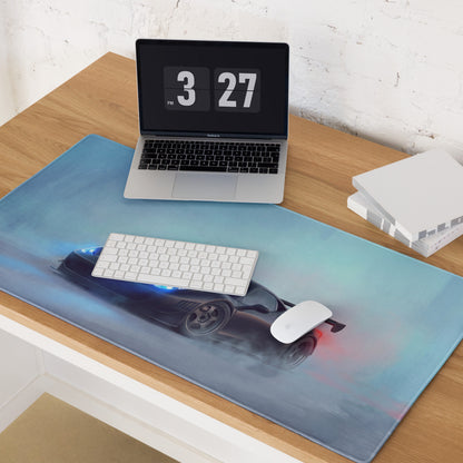 Blue racing car-themed mousepad with glossy finish and vibrant neon lighting inspired by Ferrari 458 stealth matte black desk pad