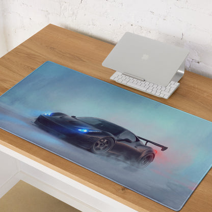 Ferrari 458 inspired stealth matte black extended non slip desk pad with blue and black racing car graphic mouse mat