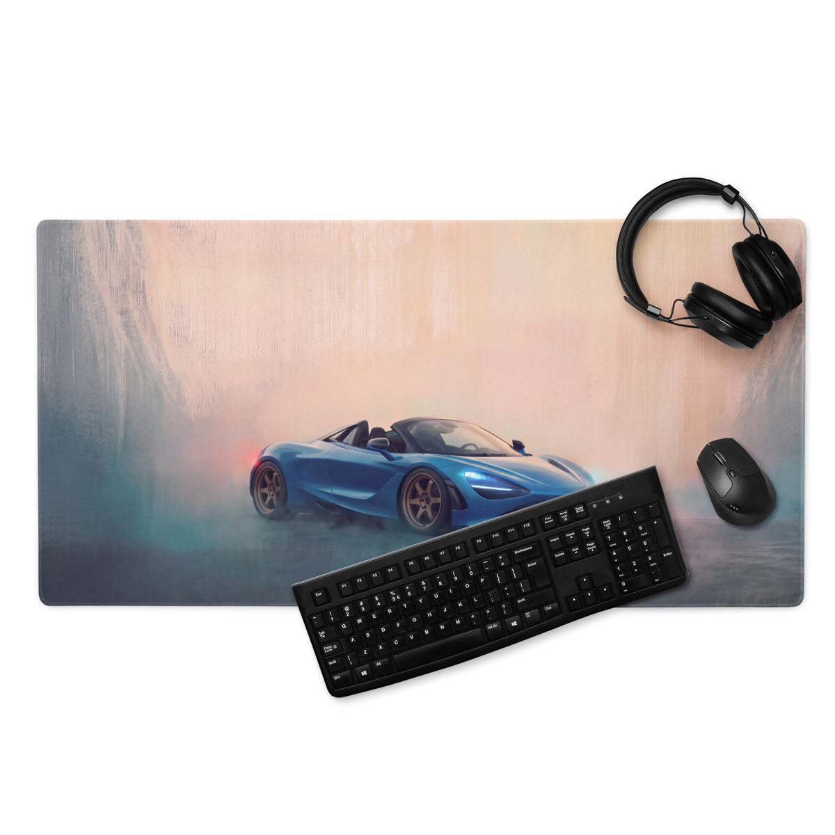 Blue mclaren 720s inspired curacao blue convertible graphic on rectangular high precision xl gaming desk mat mousepad
