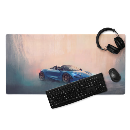 Blue mclaren 720s inspired curacao blue convertible graphic on rectangular high precision xl gaming desk mat mousepad