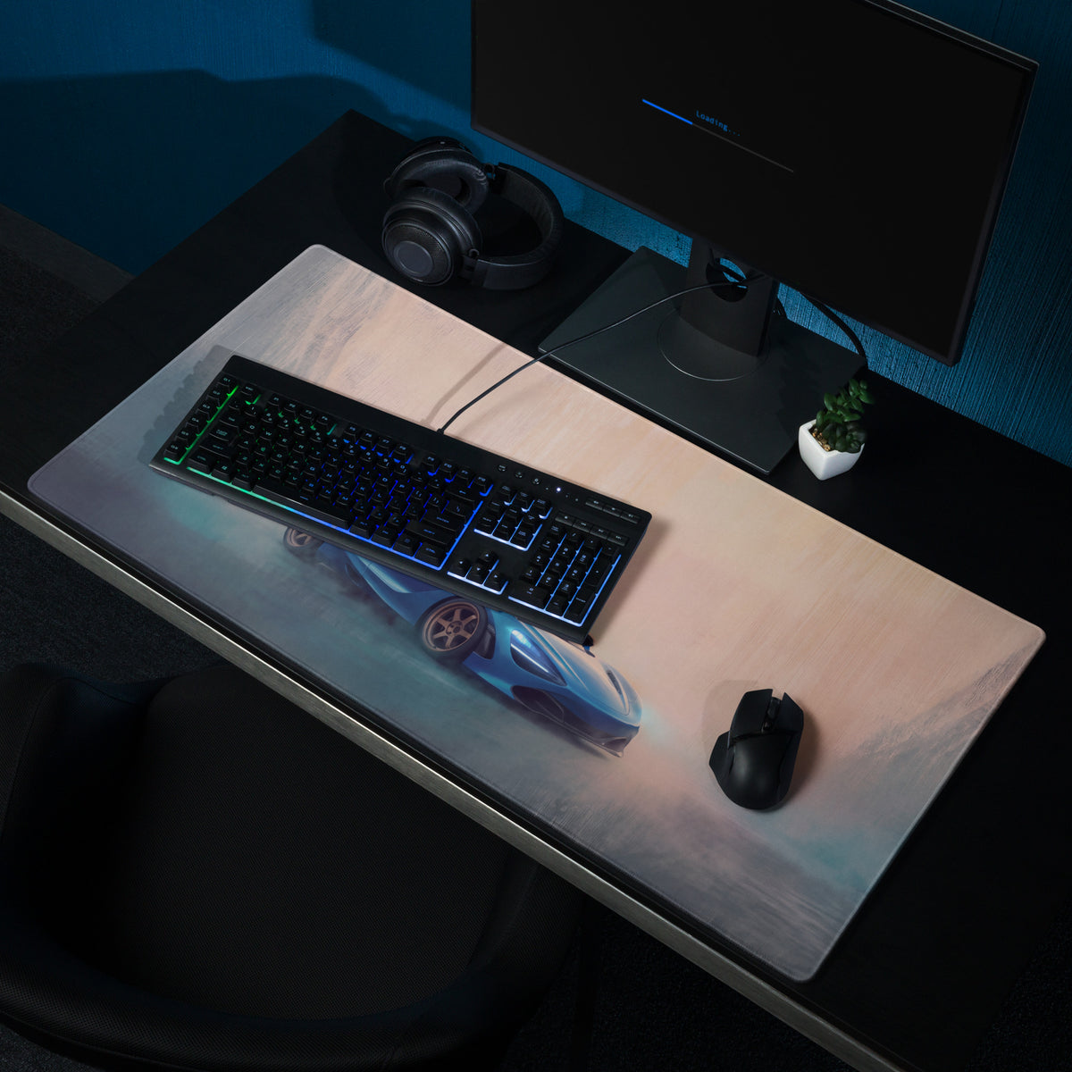 A sleek rectangular high-precision xl gaming mousepad featuring a blue and silver mclaren 720s sports car design