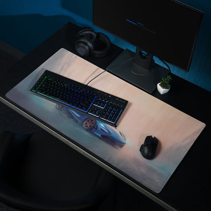 A sleek rectangular high-precision xl gaming mousepad featuring a blue and silver mclaren 720s sports car design