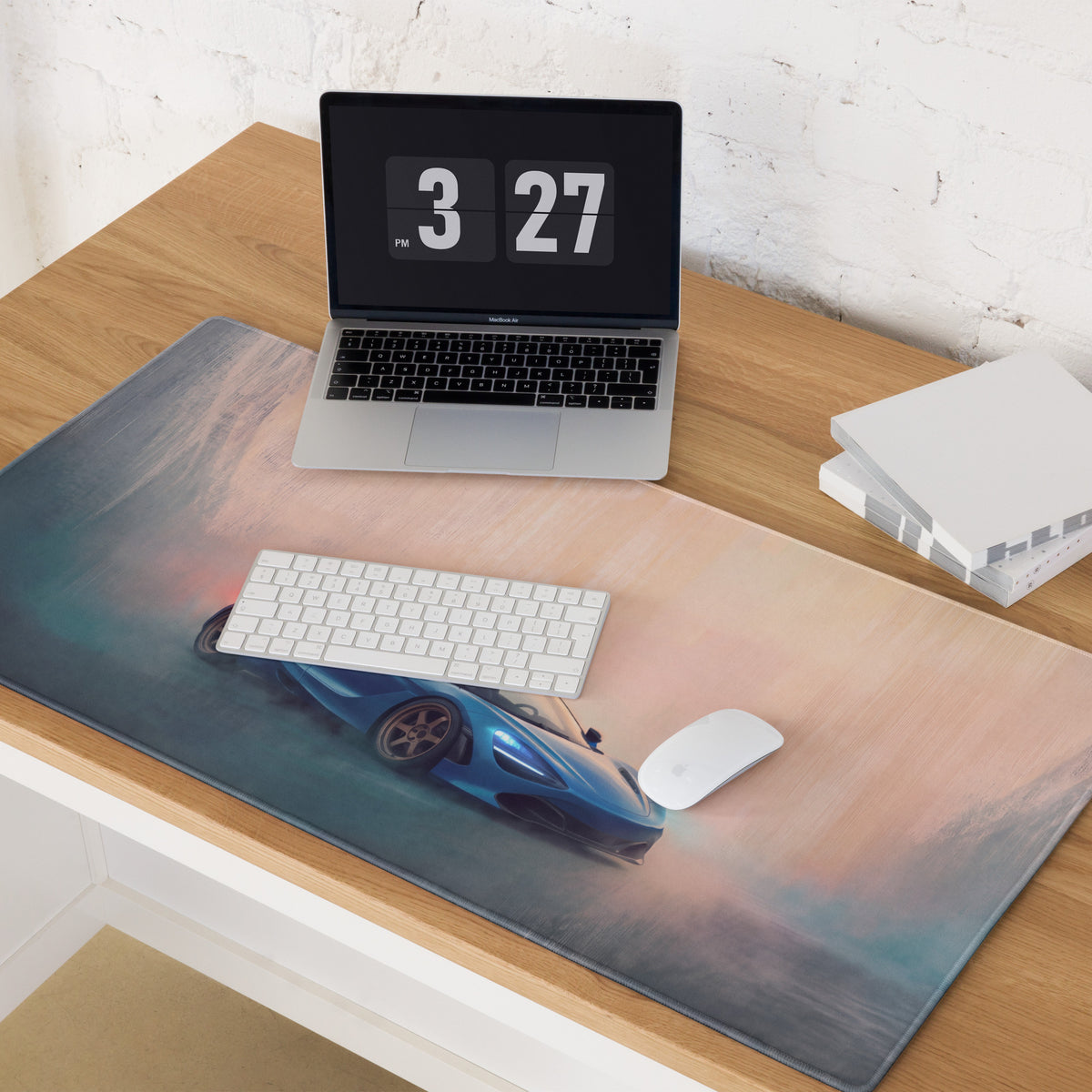 Blue sports car graphic printed on a large rectangular McLaren 720S inspired curacao blue convertible desk mat mousepad