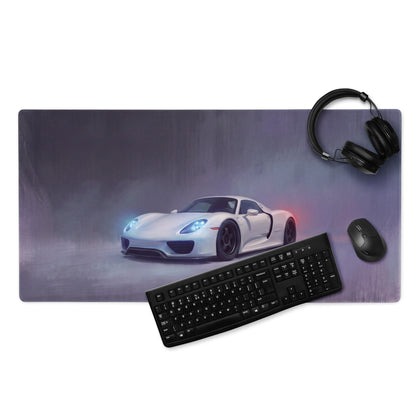 White Porsche 918 Spyder graphic printed on a rectangular pearl white desk pad with ultra-glide stitched edge for gaming