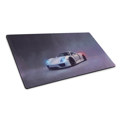 White porsche 918 spyder graphic printed on pearl white rectangular stitched edge gaming mouse pad