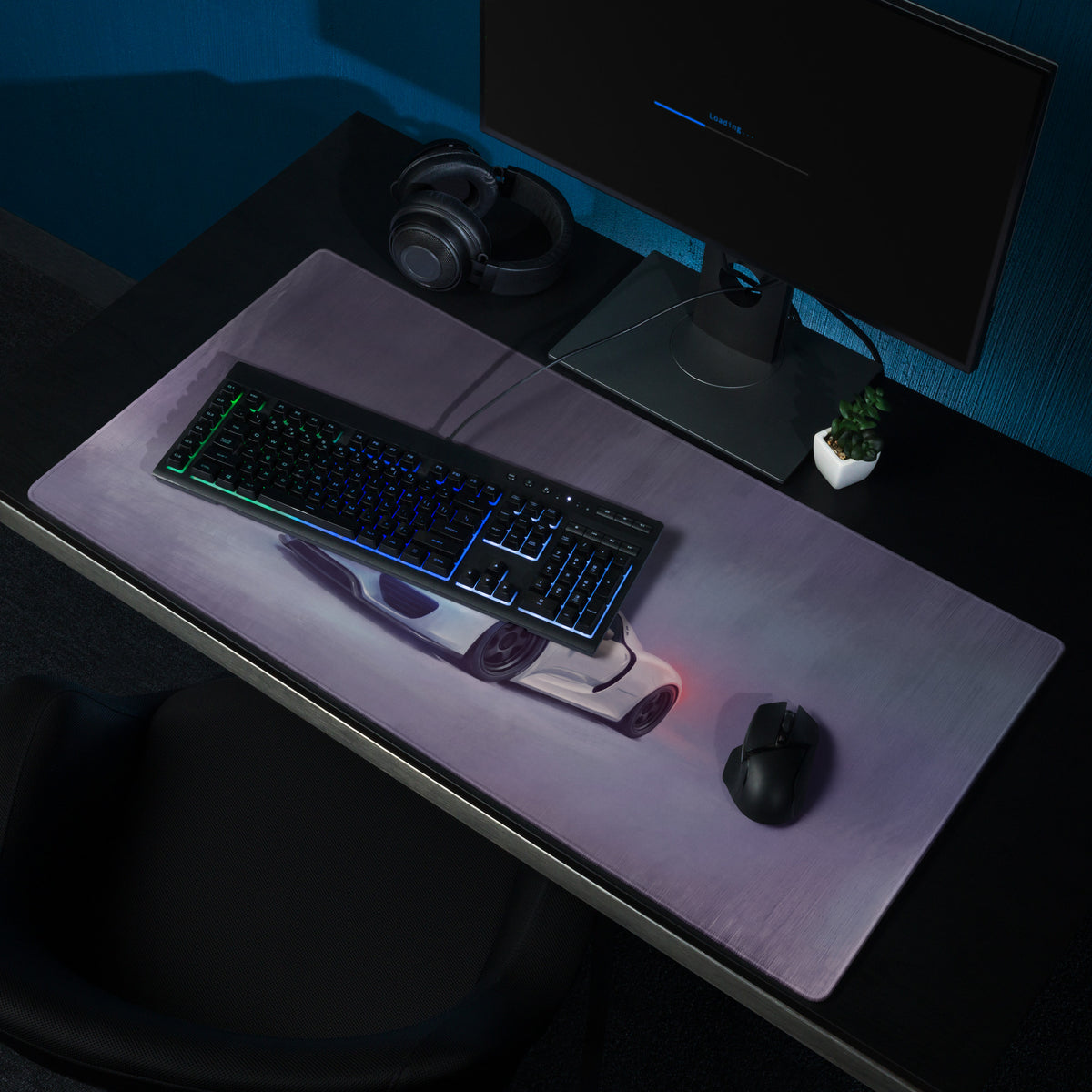 A sleek rectangular porsche 918 spyder inspired pearl white desk pad with a detailed white and black sports car graphic
