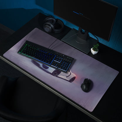 A sleek rectangular porsche 918 spyder inspired pearl white desk pad with a detailed white and black sports car graphic
