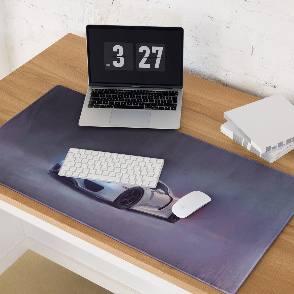 A sleek dark gray ultra-glide stitched edge gaming mousepad with a silver Porsche 918 Spyder design and blue lighting effects