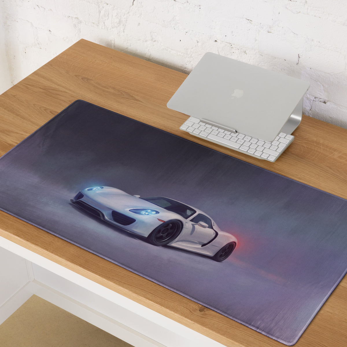 Porsche 918 spyder inspired pearl white gaming mousepad with ultra-glide stitched edge and glowing car illustration