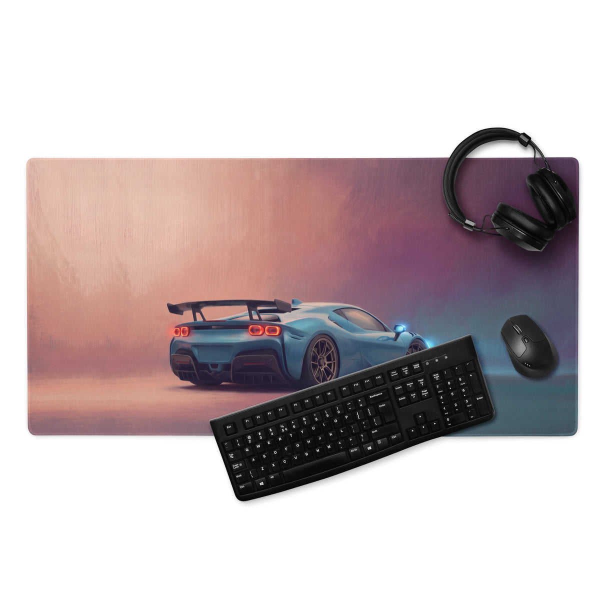 Ferrari sf90 xx inspired azure apex desk mat featuring a blue sports car graphic on low-friction cloth mousepad