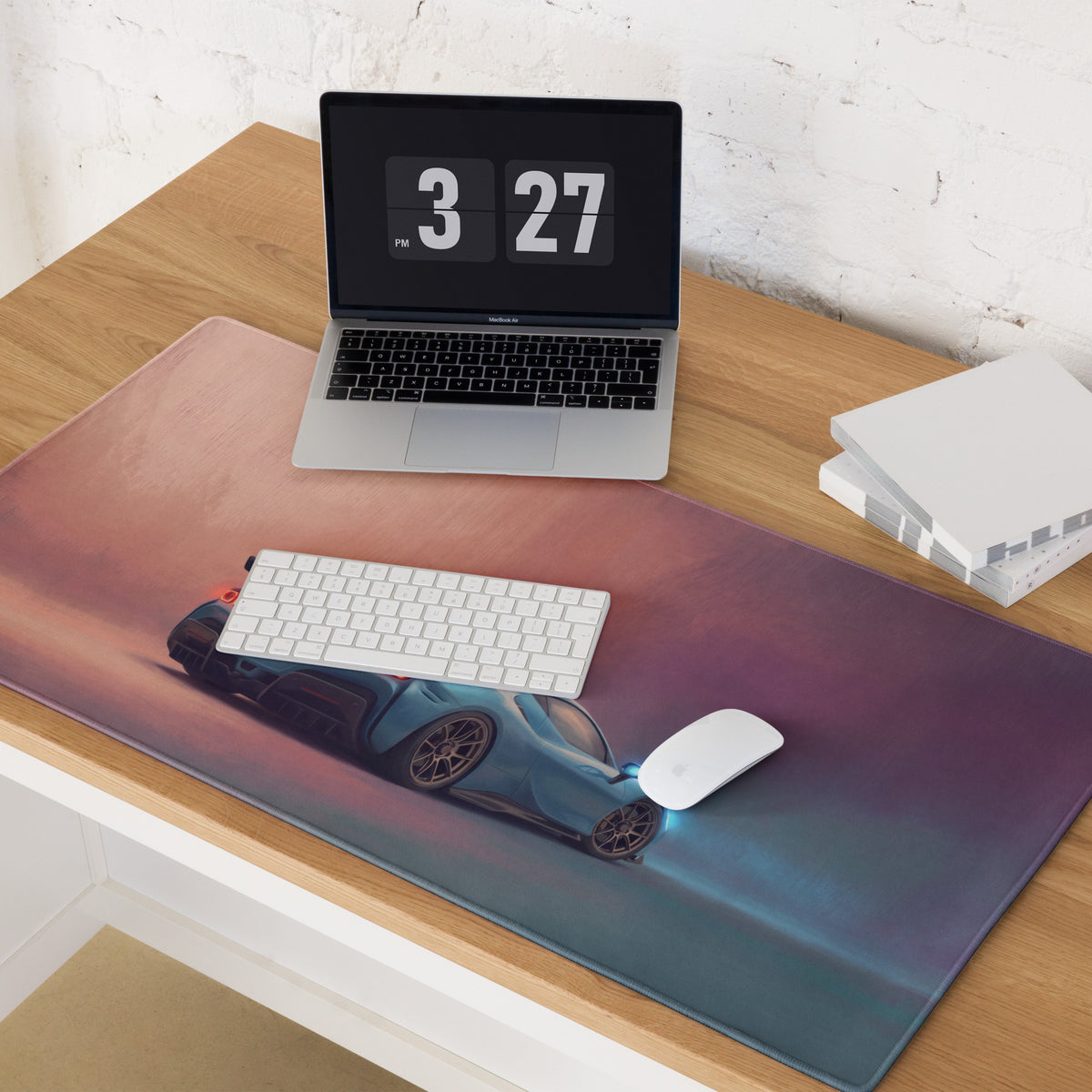 Ferrari sf90 xx inspired azure apex desk mat featuring low-friction cloth and a blue sports car on sunset gradient