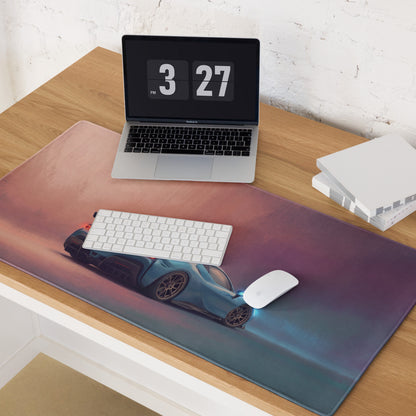 Ferrari sf90 xx inspired azure apex desk mat featuring low-friction cloth and a blue sports car on sunset gradient