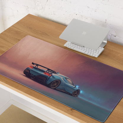 Ferrari sf90 xx inspired azure apex desk mat featuring a vibrant teal sports car illustration on low-friction cloth surface