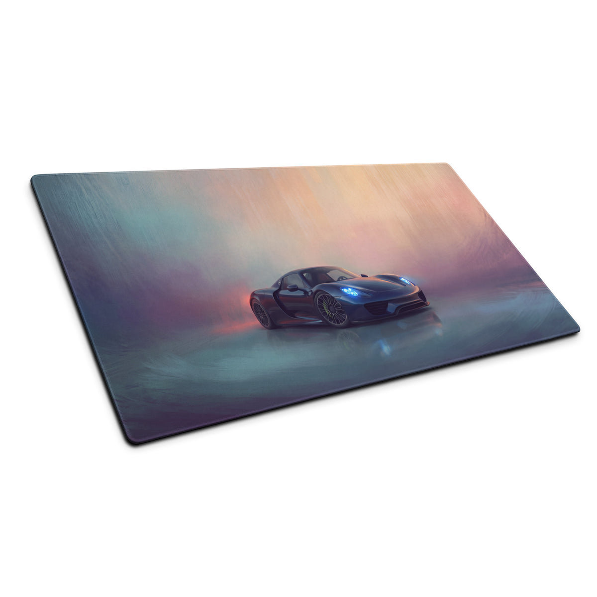 Rectangular non-slip gaming mousepad featuring a sleek black porsche 918 spyder with glowing blue headlights on a midnight blue gradient background