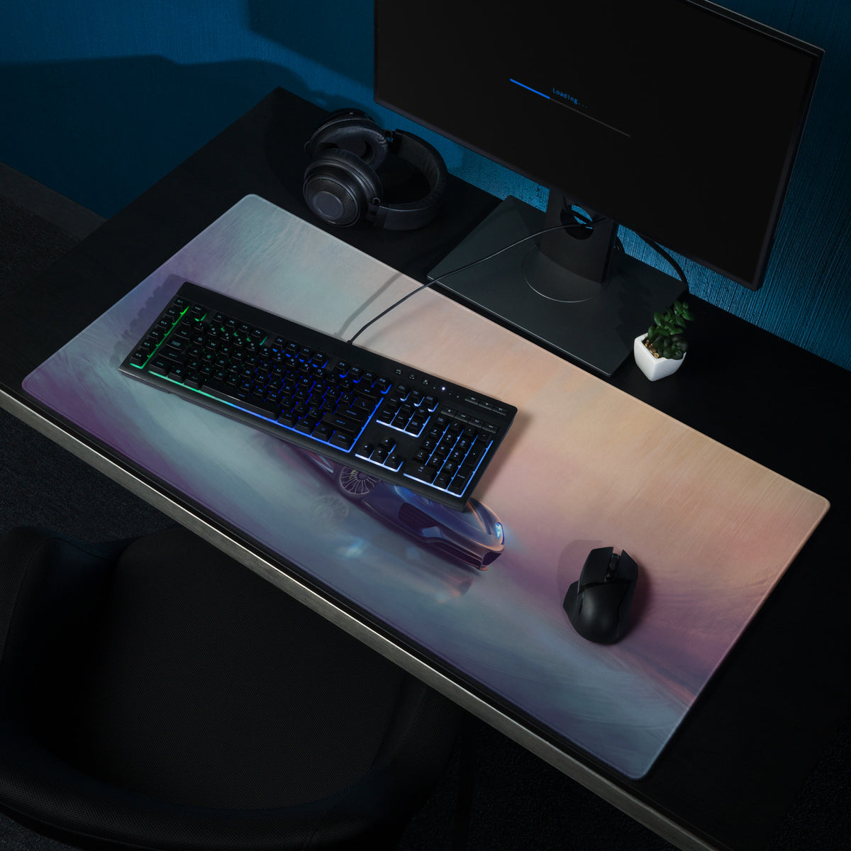 A sleek rectangular porsche 918 spyder inspired midnight blue gaming mousepad with gradient purple to peach and illuminated car graphic