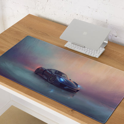 A sleek dark blue porsche 918 spyder inspired desk pad with glowing headlights on a teal and purple gradient mouse mat