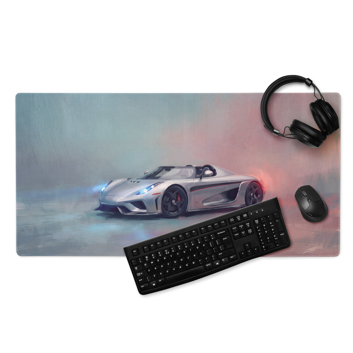 Koenigsegg regera inspired silver hypercar gaming mousepad with high precision surface for xl desk use