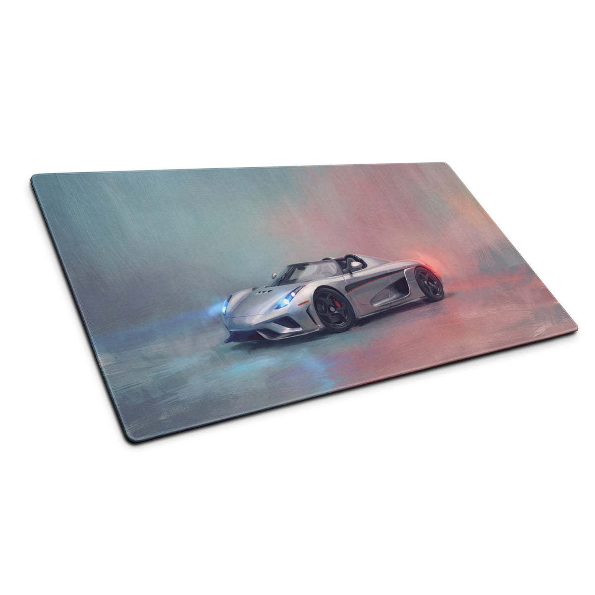 Silver Koenigsegg hypercar illustration on a high-precision XL gaming mousepad designed for desk use