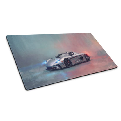 Silver Koenigsegg hypercar illustration on a high-precision XL gaming mousepad designed for desk use