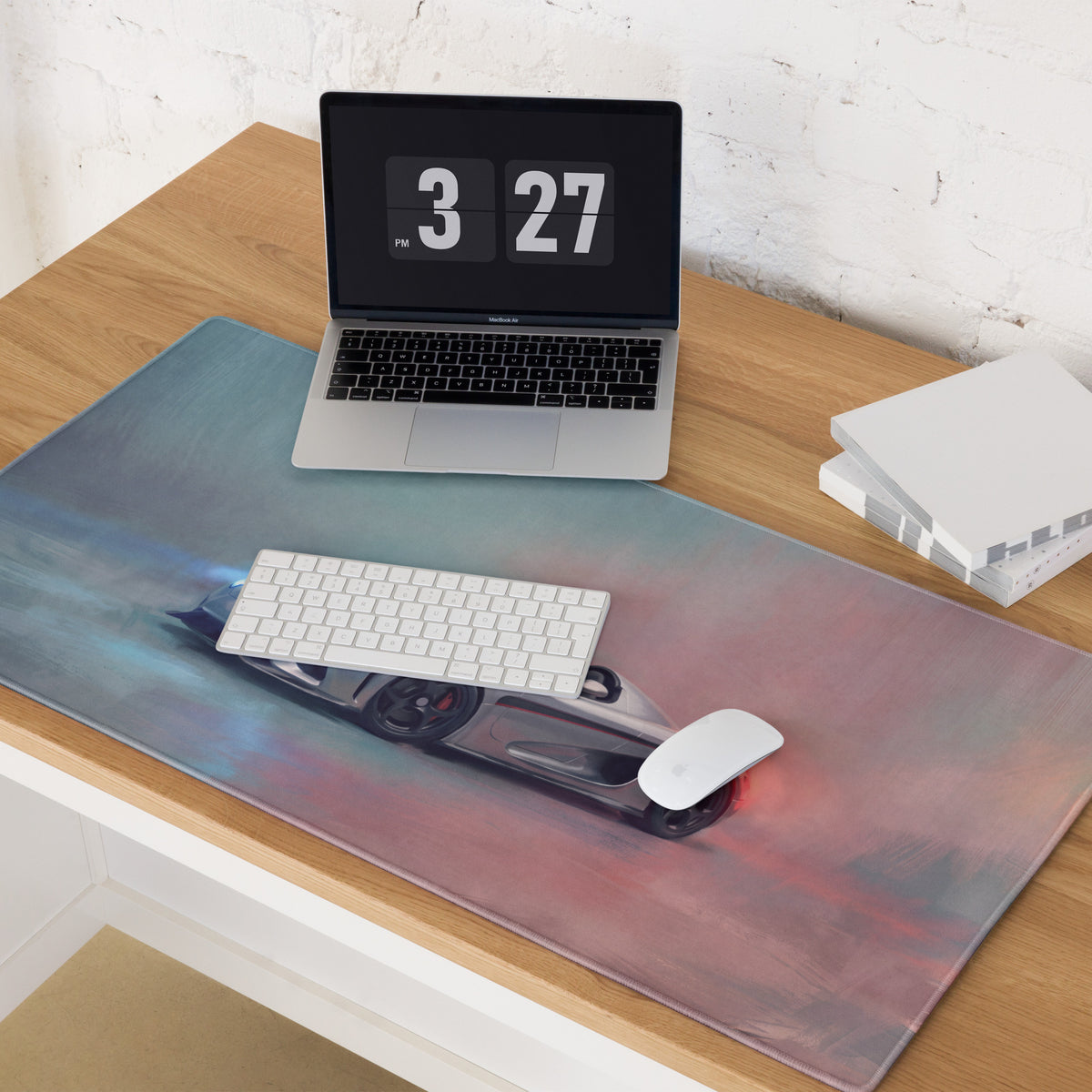 Koenigsegg Regera inspired silver apex desk mat featuring a sleek rectangular gaming mousepad with a vibrant gradient and silver sports car design