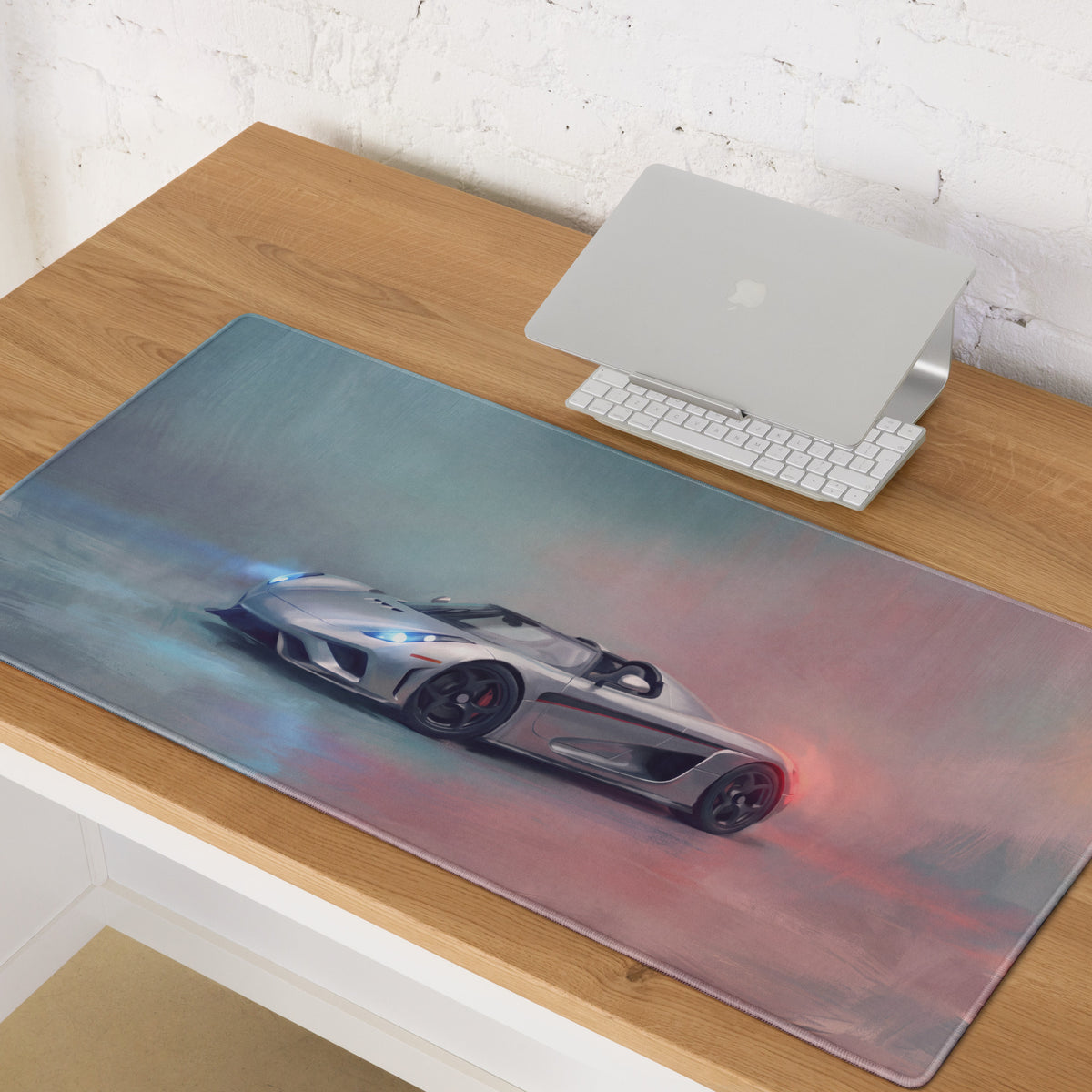Koenigsegg Regera inspired silver apex xl gaming mousepad with silver sports car graphic on subtle gradient background