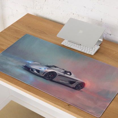 Koenigsegg Regera inspired silver apex xl gaming mousepad with silver sports car graphic on subtle gradient background
