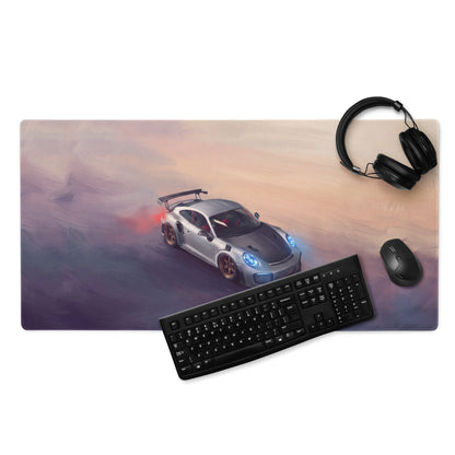 Silver and black porsche 911 gt2 rs inspired racing car graphic printed on stitched edge ultra glide mousepad