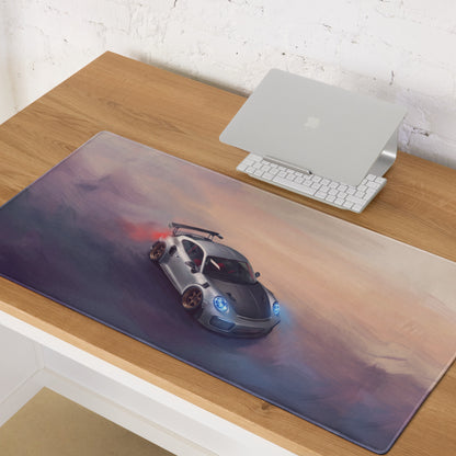 Silver and black porsche 911 gt2 rs inspired desk pad with sports car graphic ultra-glide stitched edge mouse mat