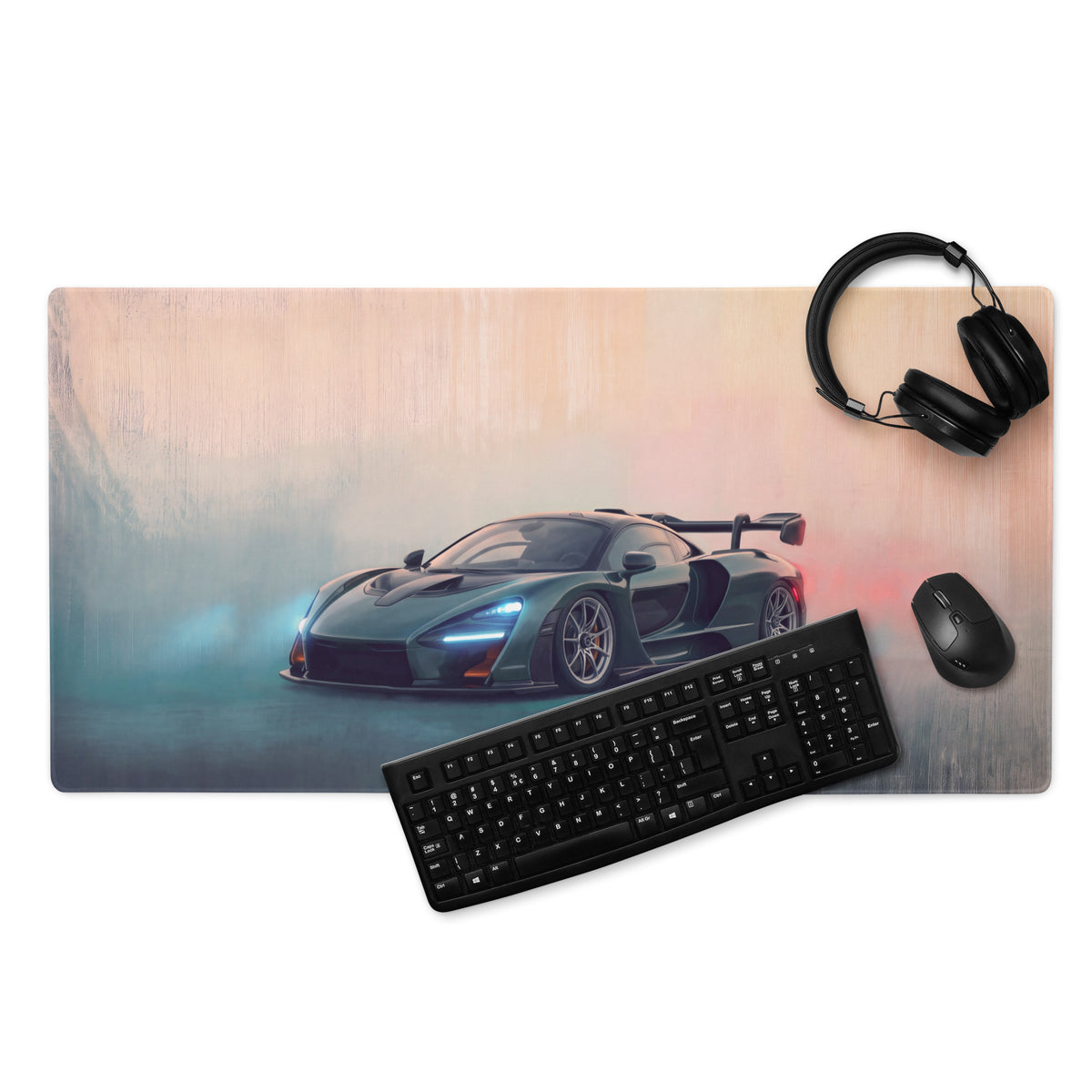 A sleek dark green mclaren senna graphic printed on a gradient rectangular low-friction cloth desk mat mousepad