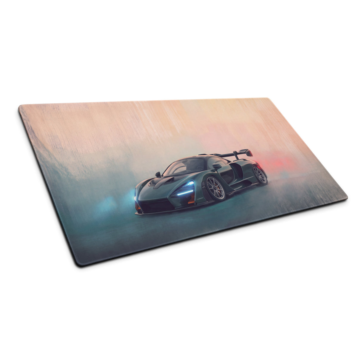 Rectangular low-friction cloth mclaren senna inspired gaming mousepad with dark green supercar and glowing headlights