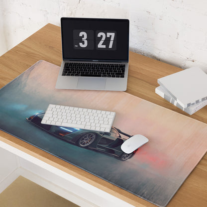 A sleek rectangular low-friction cloth gaming mousepad with a black sports car print and McLaren Senna British racing green design