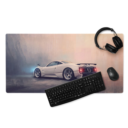 Pagani zonda inspired pearl white desk pad with detailed white sports car illustration and non slip surface