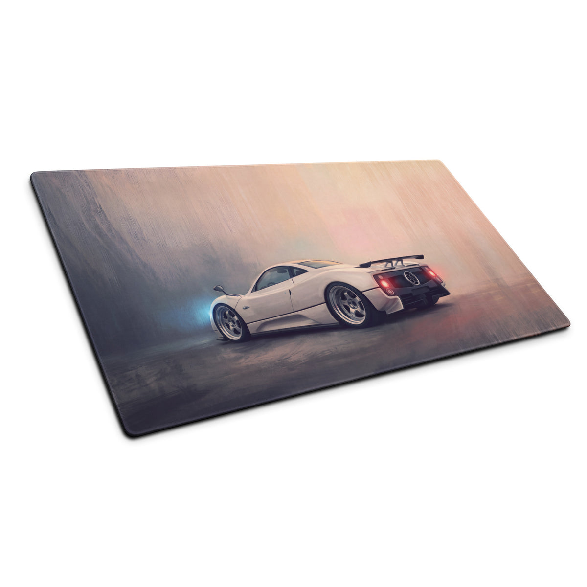 A sleek rectangular non-slip pearl white desk pad featuring a white Pagani Zonda sports car with glowing blue and red accents