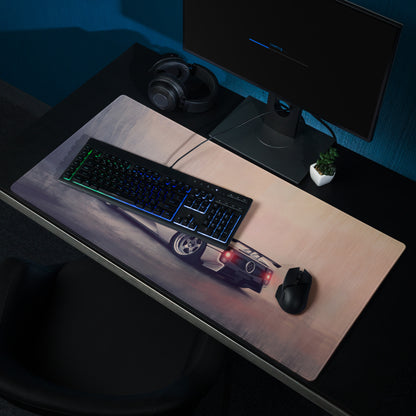 A sleek pearl white extended non-slip gaming mousepad featuring a black Pagani Zonda car with red taillights and silver rims
