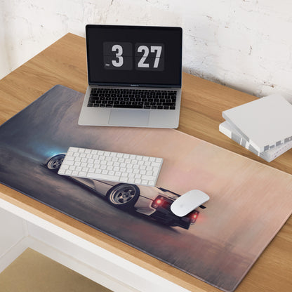 Pagani zonda inspired pearl white extended non slip gaming mousepad featuring a white sports car drifting with blue glow