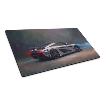 Silver koenigsegg agera rs graphic printed on rectangular mousepad for koenigsegg regera inspired silver apex rear desk mat