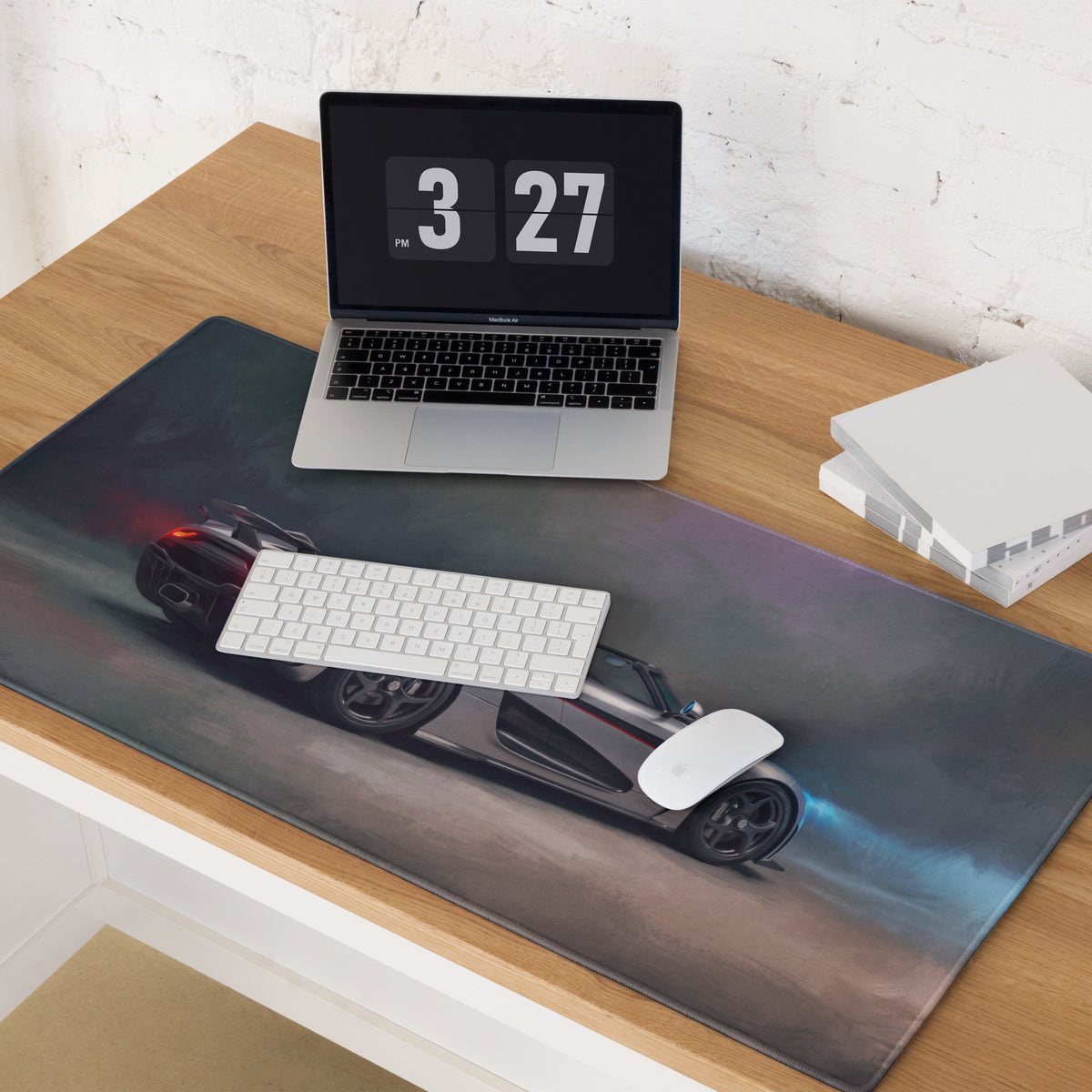 Koenigsegg Regera inspired silver apex rear desk mat with sleek dark gray racing car graphic and blue purple lighting effects