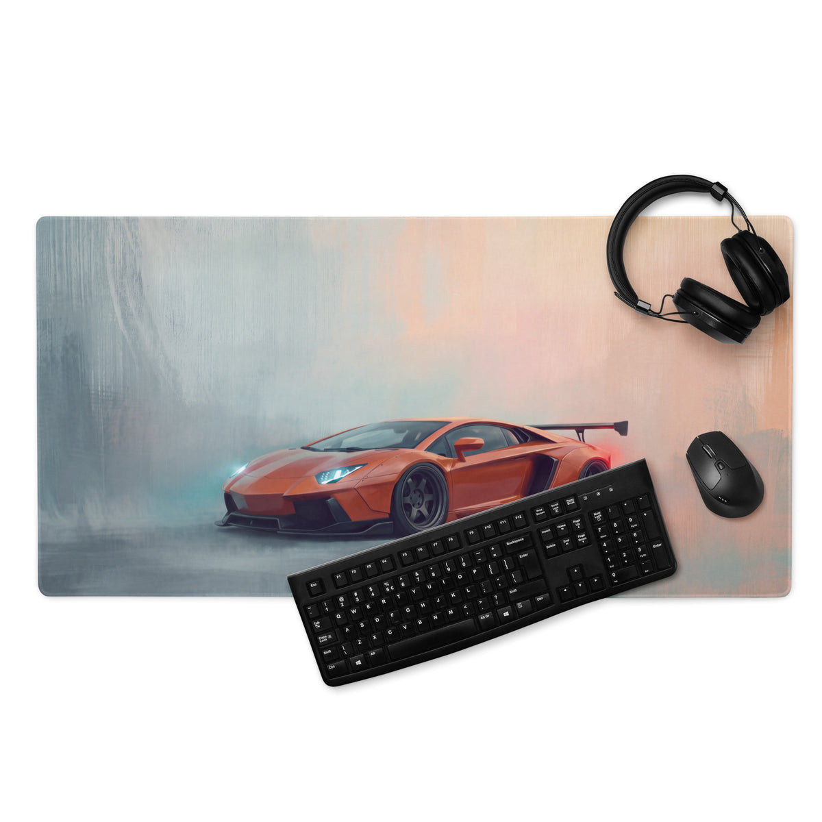 Orange Lamborghini Aventador sports car graphic printed on a rectangular non-slip extended desk pad mouse mat
