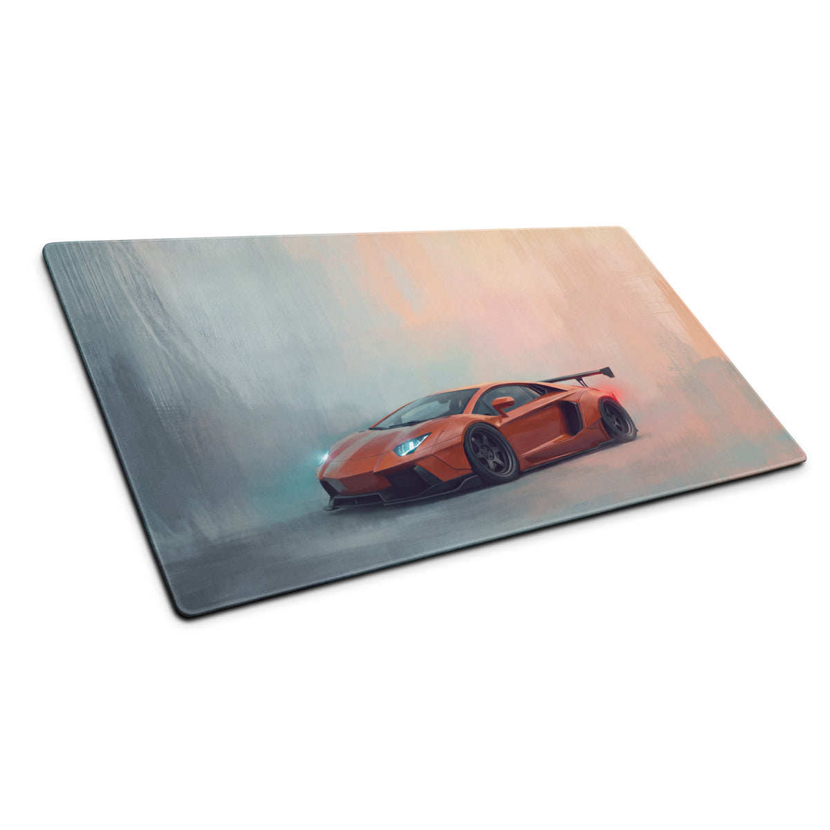 Orange lamborghini aventador sports car graphic printed on a rectangular non-slip desk pad mouse mat