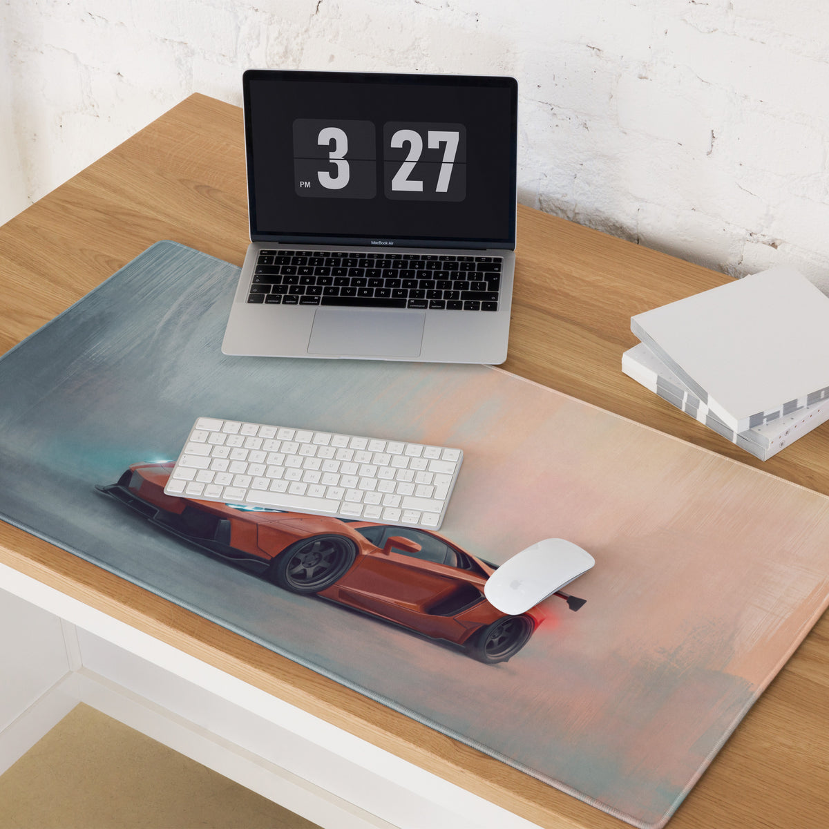 Orange Lamborghini Aventador inspired widebody sports car graphic printed on large rectangular non slip desk pad