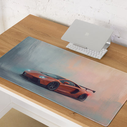 Orange lamborghini aventador sports car graphic printed on a rectangular non slip desk pad mouse mat
