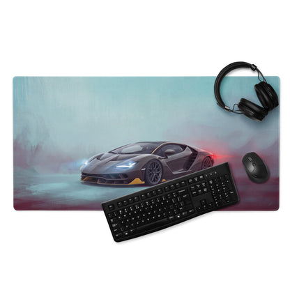 Lamborghini centenario inspired carbon gold desk mat featuring a sleek dark gray lamborghini huracán graphic with red and blue accents