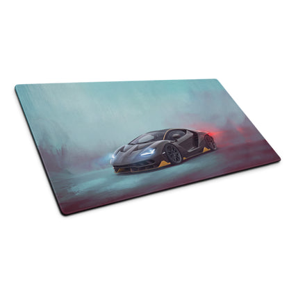 A sleek black lamborghini centenario graphic printed on a carbon gold xl gaming desk mat with teal and red background